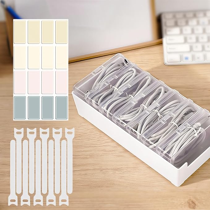 7 in 1 Charger Cable Organizer Box with Lid and 10 Cable Ties & 16 Labels Included | Multi-Function Storage for Office Desk Drawer | Cord, Charger, Card Organizer Case