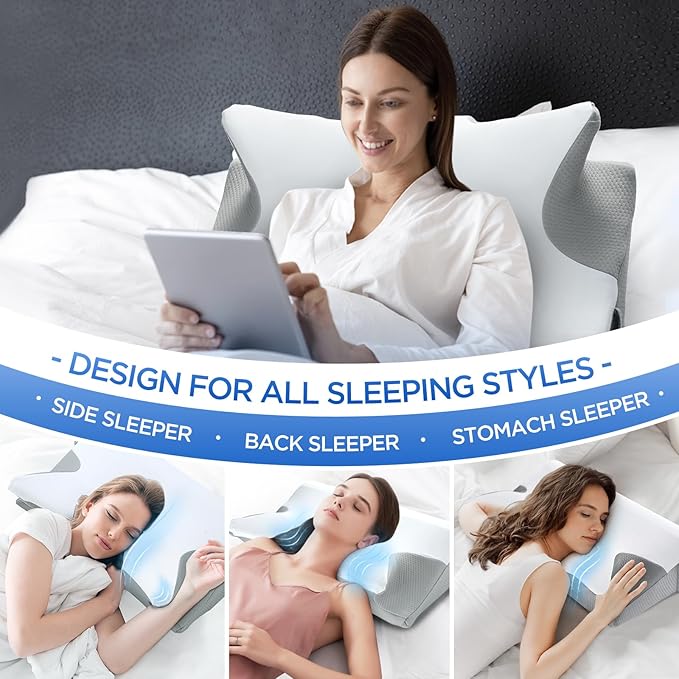 Effective Pain Relief Cervical Neck Pillow for Sleeping, Memory Foam Pillows for Neck Support, Odorless Contour Side Pillow, Ergonomic Bed Pillow for Back Stomach Sleeper (White and Grey)