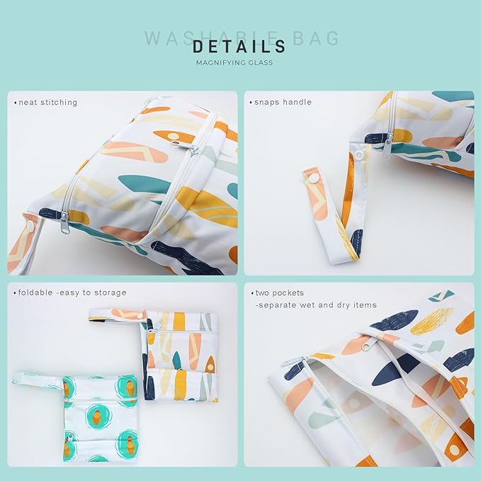 Wet Dry Bag Waterproof Reusable Wet Bag for Swimsuit, Travel, Bathing, Beach, Pool, Diapers, Yoga Gym Bag Dirty Wet Clothes Daycare Organizer with Two Pockets (duck skateboard)