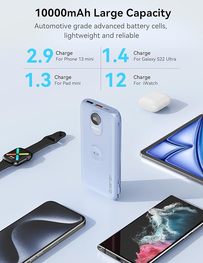 Portable Charger, 10000mAh 22.5W Fast Charging Power Bank with Built in Cable & Wall Plug, Travel Essential Battery Pack with LED Display, External Charger for iPhone, iWatch 11/10/9/8/Ultra/SE Blue