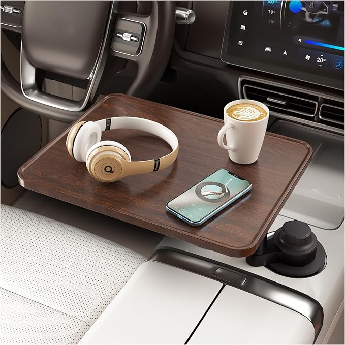 AXVLU Car Desk for Laptop, Cup Holder Table with 360° Rotation - Wooden Car Laptop Mount, Car Table & Car Food Tray Compatible with Tesla Model Y/3/S & Most Vehicles