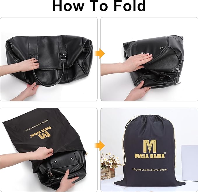 Masa Kawa Black Leather Duffle Bag for Travel Men, 31L Carry On Waterproof Foldable Duffel Bag with Shoe Compartment for Gym, Sports, Overnight Weekender Camping