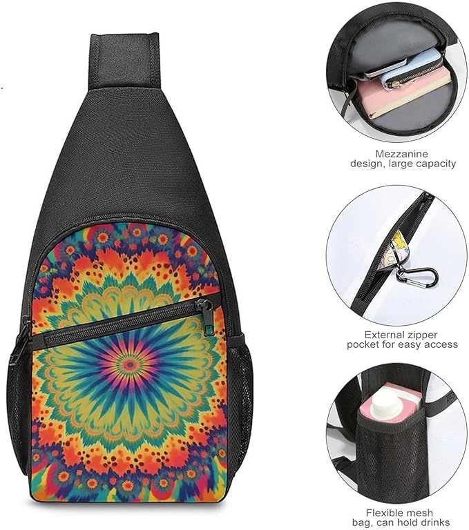 SWEET TANG Men and Women Sling Bag Chest Daypack, Trippy Tie Dye Mandala Colorful Shoulder Backpack Crossbody for Hiking Camping Running, Casual and Large Capacity Anti Theft Rucksack