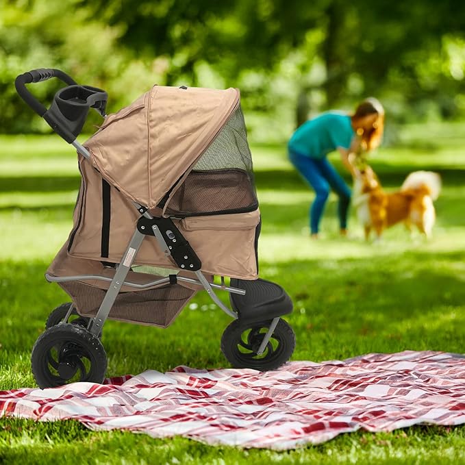 Critter Sitters 3-Wheel Jogging Dog Stroller with Storage Basket and Cup Holders, Modern and Stylish Pet Stroller for Medium to Large Pets up to 55 Pounds, Tan