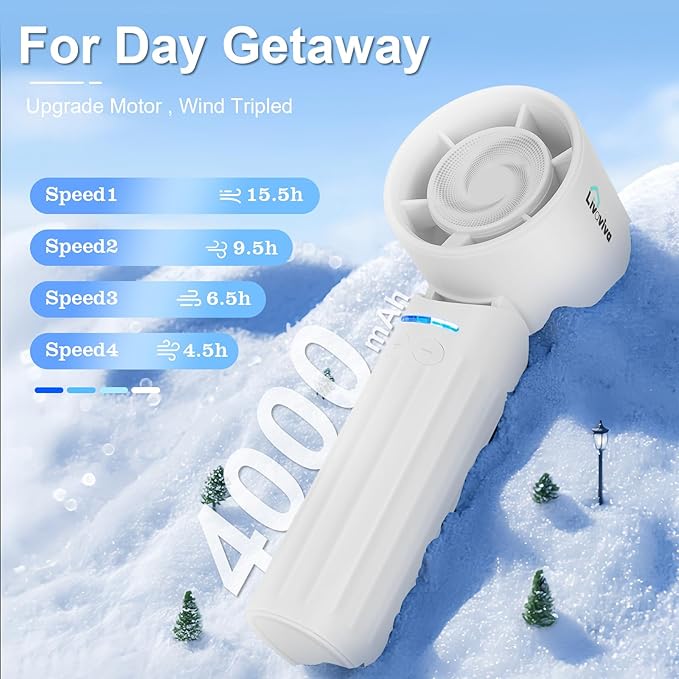 LIVAVIVA Handheld fan, adjustable blowing angle, mini portable turbo fan, USB Type-C rechargeable, infinitely variable speed high-speed personal fan, 11 Hours Battery Life (White)