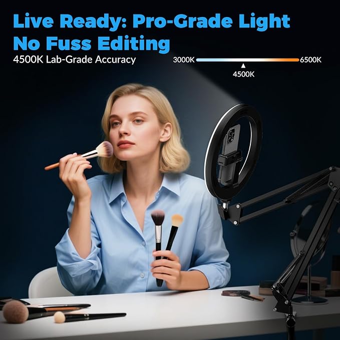 10" Overhead Ring Light with Phone Mount, Upgraded 360° Ring Light with Stand, 3 Color Modes for Video Recording, TikTok, YouTube, Cooking & Zoom, Camera, Universal for iPhone/Android