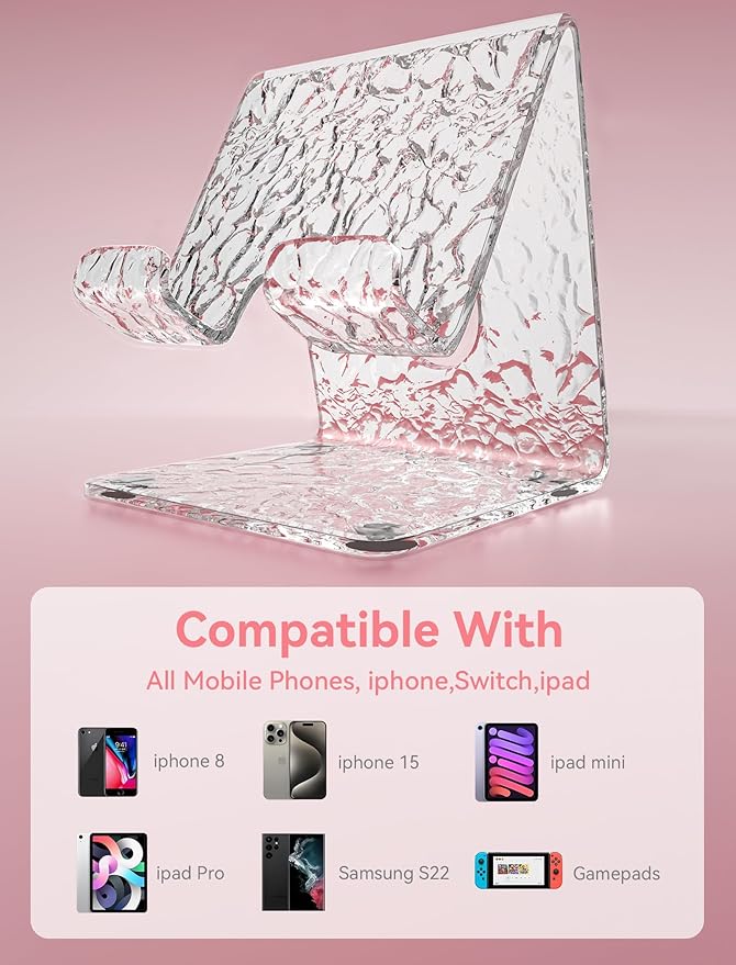 TOPGO Acrylic Cell Phone Stand, Clear Phone Holder for Office Desk, Vanity, Kitchen Counter, Bedside Table, Compatible with iPhone 17 16 15 14 13 12 11 Pro Max Plus/Smartphones/iPad/Switch/Kindle