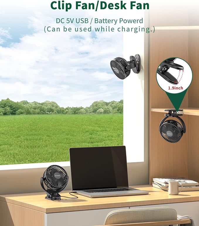 Dorobeen Portable Clip on Fan, Battery Powered, 3 Speed Quiet Rechargeable Mini Desk Fans, 360° Rotate for Home Office Stroller Camping Golf Cart (BLDC Motor)