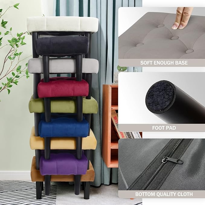 HOUCHICS Small Footstool Ottoman,Velvet Soft Footrest Ottoman with Wood Legs,Sofa Footrest Extra Seating for Living Room Entryway Office(Grey 2PACK)