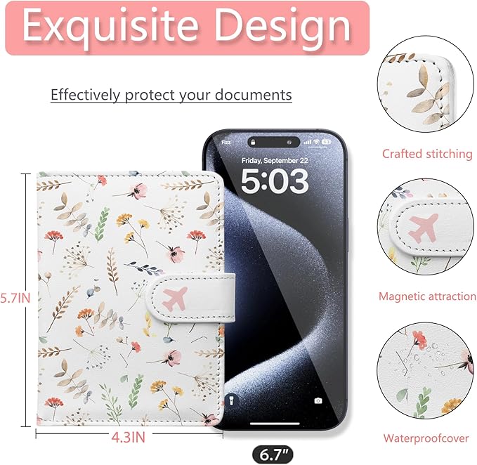 Passport Holder, Travel Wallet Cover with Pen Loop | Cute RFID Blocking Leather Case with Magnetic Closure for Travel Essentials-Flower