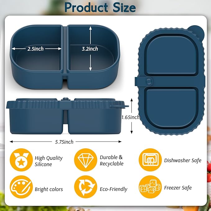 ICEROYCE 6 Pack Reusable Silicone Snack Containers with Lids, Mini Containers 2 Compartments, Portable Silicone Food Storage Box for Picnic, Lunch, Office (6)