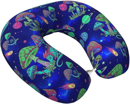 Travel Pillow for Men Women, Washable Relax U Shaped Neck Pillows for Car Head Pain Relief Sleeping Space Mushrooms