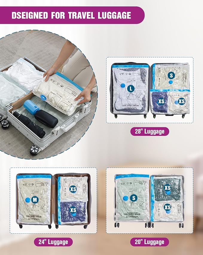 Vacuum Storage Bags for Travel, 24 Pack (6L+6M+6S+6XS) Vacuum Seal Bags with Wireless Rechargeable Electric Pump, Travel Essentials Space Saving Bag for Clothes, Luggage, Carry-on Suitcase, Backpack