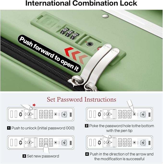 mixi Checked Luggage with Cup Phone Holder and Charger Hard Shell Suitcases with Spinner Wheels, 24 Inch Avocado Green