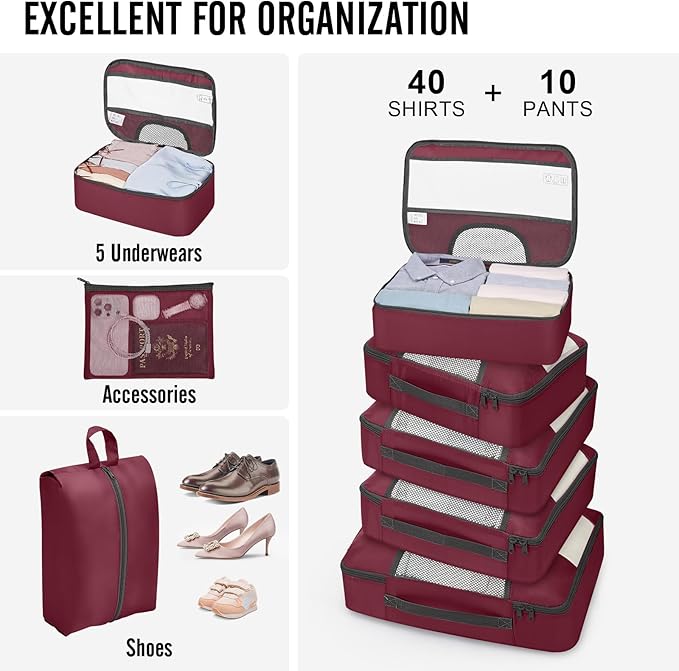 Veken 10 Set Packing Cubes for Travel Essential, Suitcase Organizer Bags in 4 Sizes, Carry-On Luggage Accessories with Large Laundry & Hanging Toiletry Bag, Must-Have for Airplane, Road Trip & Camping