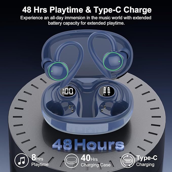 Wireless Earbuds, Bluetooth 5.4 Headphones Sport, Over Ear Buds With ENC Noise Cancelling Mic, 48H, Wireless Earphone With Earhooks, Stereo Deep Bass, IP7 Waterproof Headset for Workout Running, Blue