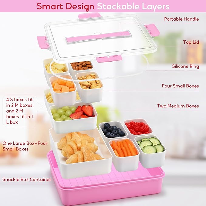 Snackle Box Container for Adults, 11 in 1 Divided Serving Tray Snack Box Containers with Stackable Compartment and Handle, Customizable Charcuterie Boxes Portable Snack Platter for Party Travel, Pink