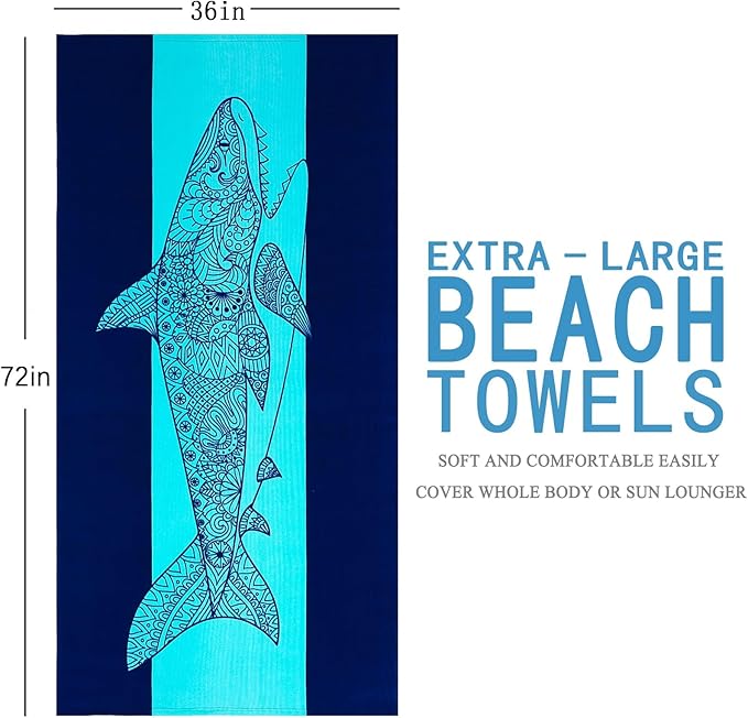 4 Packs Oversized Thin Beach Towel Set XL Extra Large Big 36 x 72 in Clearance Swim Travel Towels Soft Blanket for Adult Women Men Chair Cover Accessories Essentials Sharks Turtles Flamingos Lobsters