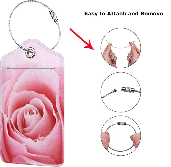 2 Pack Pink Rose Luggage Tags for Suitcases, Pretty Flower Leather Suitcase Backpack Bag Tags Identifiers with Privacy Cover Name Address Labels & Durable Steel Loop for Women Girls Travel