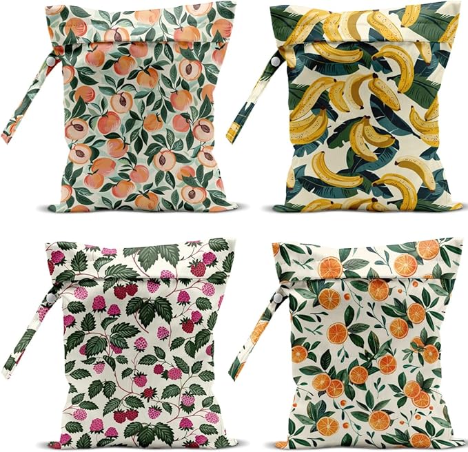 4 Pack Cute Fruit Wet Bag Waterproof Washable Reusable Wet Dry Bag for Swimsuit Dirty Clothes Cloth Diaper Travel Beach Pool Yoga Gym Toiletries Travel Beach Essentials Banana Strawberry Orange