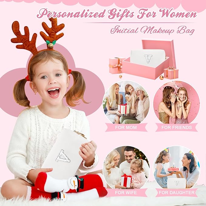 Bride Gifts – Personalized Initial Makeup Bag with Pearl Rhinestone Patch, Preppy White Monogram Cosmetic/Toiletry Pouch, bridesmaid Gifts, Bridal Shower Gifts, Wedding Gifts, Bridal Gifts,V