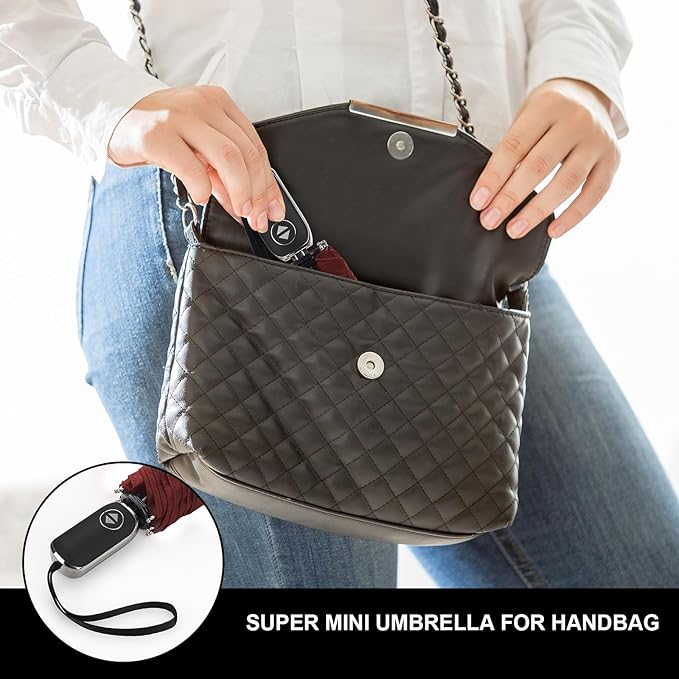 LEAGERA Compact Travel Umbrella for Purse - Flat Handle, Waterproof for Light Rain