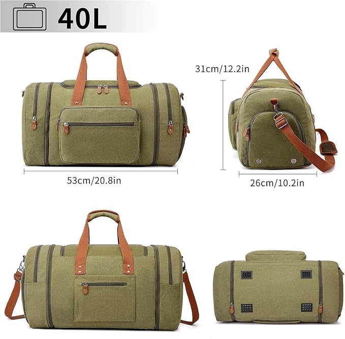 Duffle Bag for Travel, 40L Canvas Travel Duffel Bag With Shoe Compartment And Toiletry Bag, Overnight Weekender Carry On Luggage Bag for Men & Women (Green)