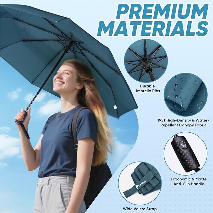 PTEROMY Windproof Compact Travel Umbrellas for Rain and Sun, Withstands 85MPH Winds Auto Open Close Folding Umbrella with Ergonomic Handle, Quick Dry Canopy for Commuting or Backpack