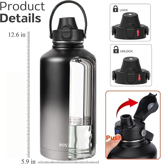 Water Bottle Insulated 32oz 40oz 64oz 128oz Straw Lid Spout Lid & 3 Lids, Leak Proof, Vacuum Insulated,Stainless Steel Water Bottle Wide Mouth for Sports, Gym or Office
