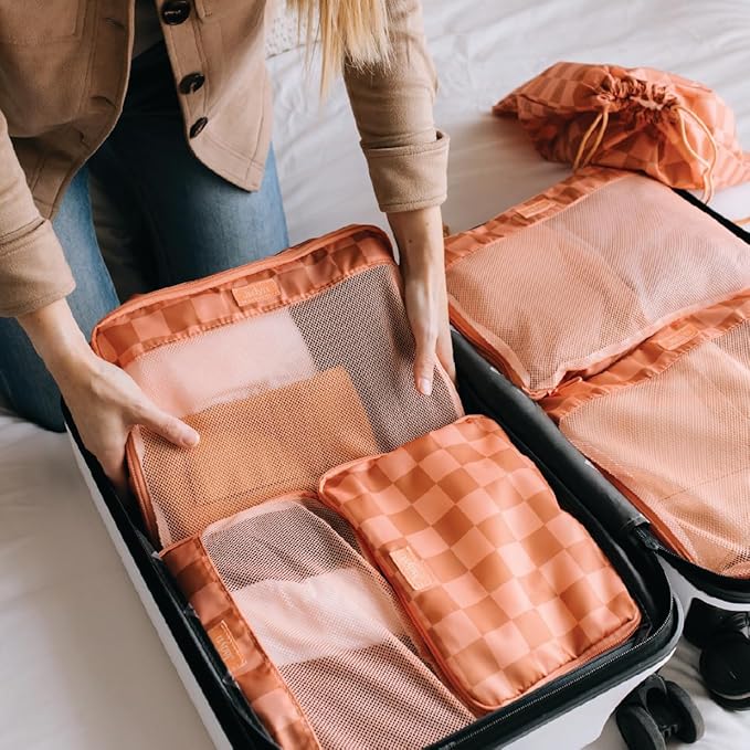 Jadyn Packing Cubes for Travel, 6-Piece Large Packing Cube Organizer Set for Suitcase, Duffel Bag, Luggage, Multiple Sizes Travel Essentials (Terracotta Check)