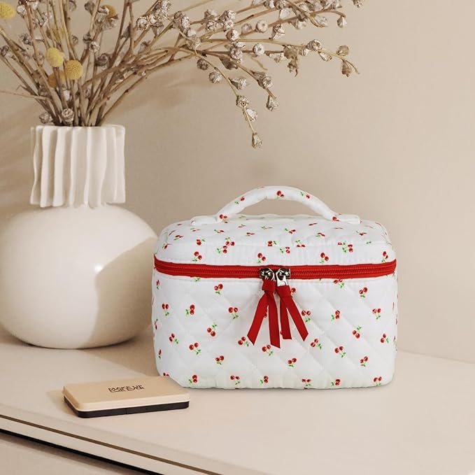 Prite Large Makeup Bag for Women Quilted Floral Cotton Cosmetic Bag Cute Coquette Aesthetic Floral Travel Toiletry Bag (Red Berries)