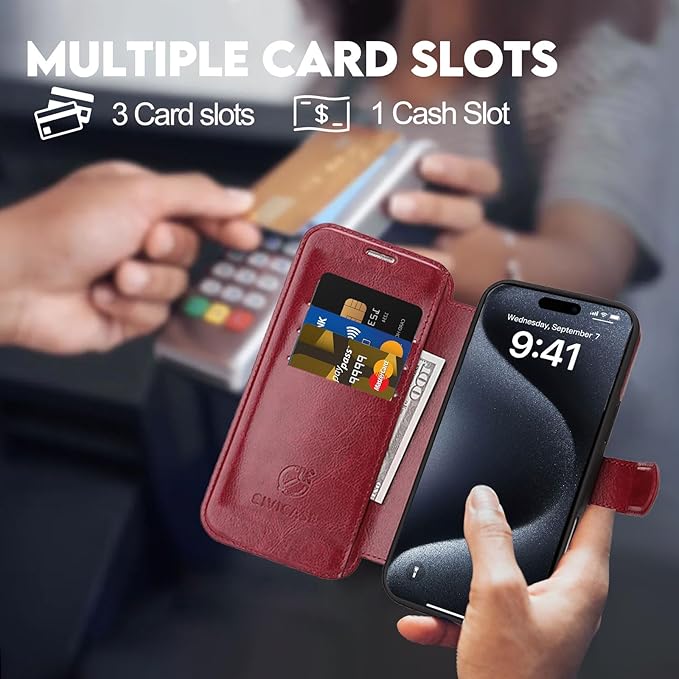 CIVICASE for iPhone 16 Pro Wallet Case with Stand,PU Leather Flip Credit Card Holder Slots (RFID Blocking),Compatible with Magsafe Magnetic Holder Phone Cover Women Men,Wine Red