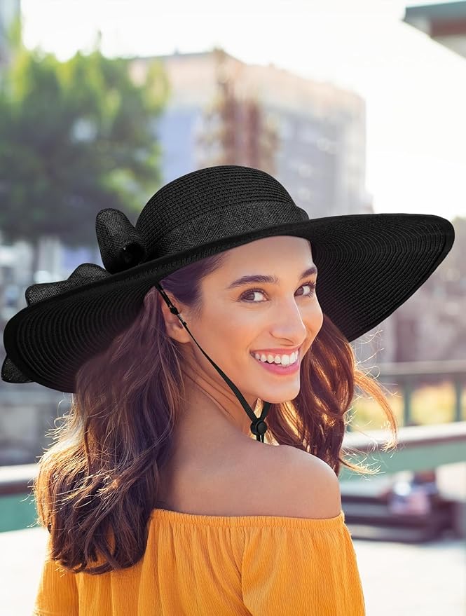 Senker Fashion Sun Hats for Women, Wide Brim Floppy Beach Straw Hat for Summer Travel Vacation Foldable with Sunglasses