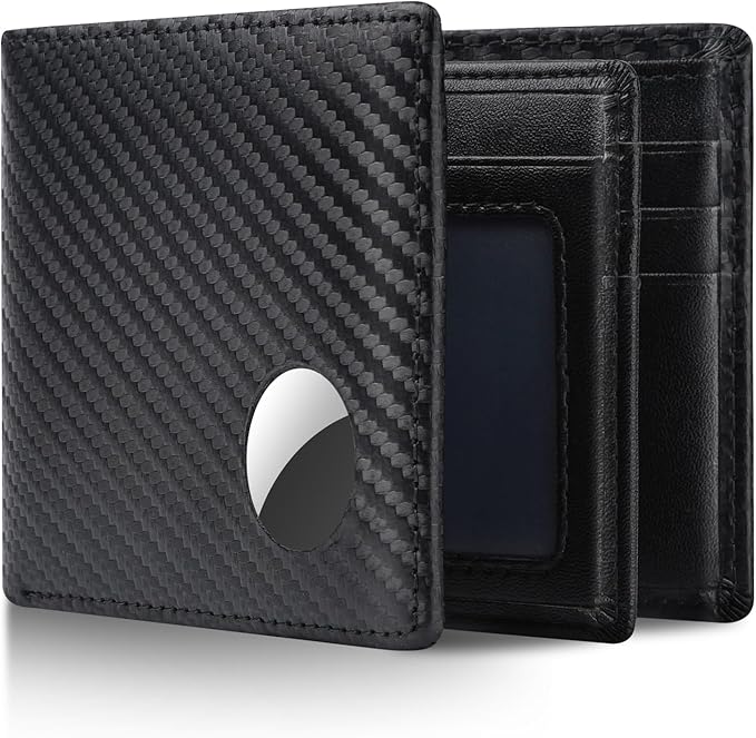 Swallowmall AirTag Wallet Mens RFID Blocking Genuine Leather Bifold Men's Wallet For air tag with 1 ID Window 13 Card Holders BlackStripe(Airtag Not included)