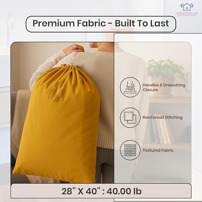 LFH Home Large Premium Cotton Canvas Laundry Bag with Drawstring and Handles Heavy Duty, Multi-Use, and Washable for Home, Travel, College or Storage 28x 40 (Pack of 6)-Yellow