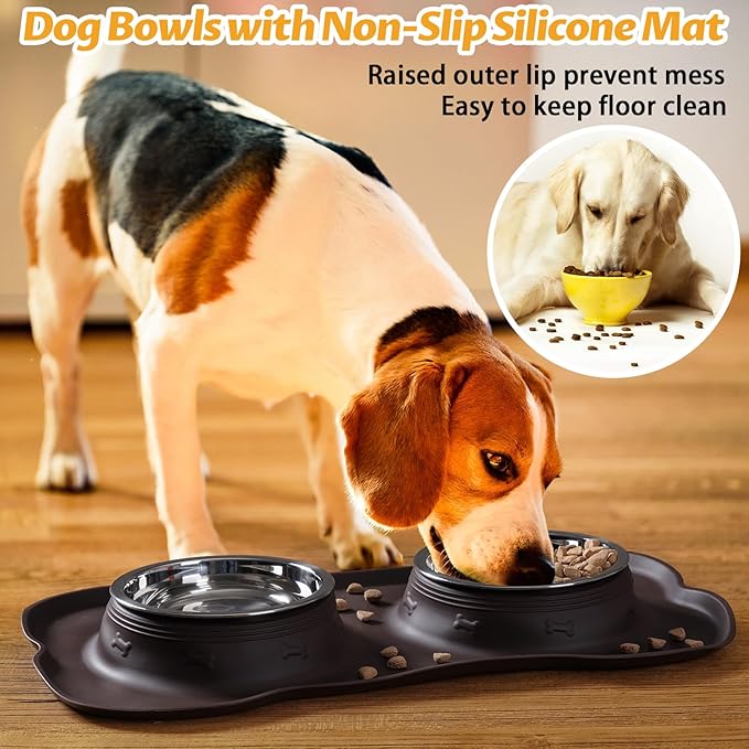 Hubulk Pet Dog Bowls 2 Stainless Steel Dog Bowl with No Spill Non-Skid Silicone Mat + Pet Food Scoop Water and Food Feeder Bowls for Feeding Small Medium Large Dogs Cats Puppies (X- Large, Chocolate)