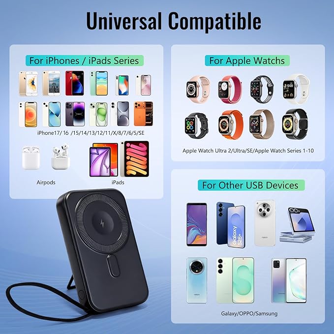 Magnetic Wireless Power Bank,10000mAh Portable Charger with Stand 22.5W MagSafe Fast Charging, Magnet Wireless Battery Pack Travel Essentials Power Bank Compatible with iPhone 17/16/15/14/13/12 Series
