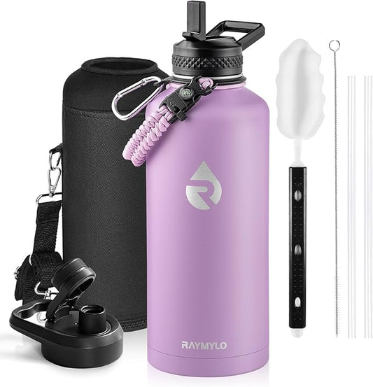 Insulated Water Bottle 87 oz, Triple Wall Vacuum Stainless Steel (Cold for 48 Hrs), Leak Proof & Non-BPA, Modern Water Flask Jug with Paracord Handle & Straw Spout Lids, Lilac