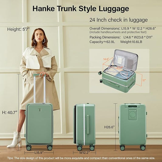 Hanke 24 Inch Luggage with Cup Holder and Charge,Top Opening Hard Shell Suitcases with Wheels and Dividers,Aluminum Frame Trunk Luggage Medium Checked Suitcase with Lock for Travel,Forest Green