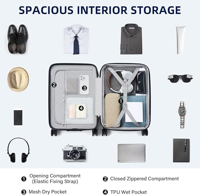 Hard Shell Suitcases Airline Approved 20 Inch Carry on Luggage, Expandable Travel Luggage Carry on Luggage with Cup Holder Charger Built in, Lightweight Small Suitcases with Wheels, White