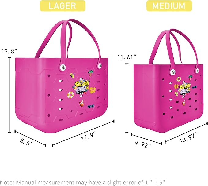 2-Piece Tote Bag Set, Waterproof Rubber Beach Bag with Summer Pattern, Medium & Large Handbag for Pool, Beach, Boat