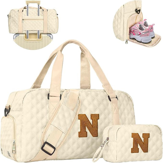 Elilier Travel Duffle Bag, Weekender Bags for Women, Personalized Gym Bag for Girls, Monogram Overnight Bag, Birthday Gift for Kids, Teens, Women, Mom, Teacher, 007Travel bag-off white-N