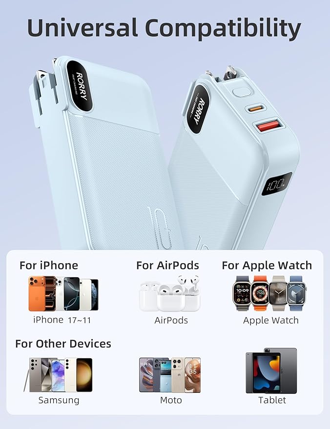 RORRY Portable Charger Built in Cables, AC Wall Plug in Portable Charger Power Bank 10000mAh Travel Battery Pack 22.5W Fast Charging for iPhone 17/16/15 Samsung Galaxy S24/S23/S22 Pixel LG iPad, Blue