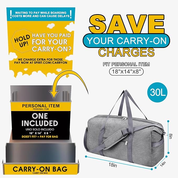 For Spirit Airlines Personal Item Bag 18x14x8, Foldable Small Travel Duffel Bags Gym Duffle Weekender Overnight Carry on Luggage Bag with Wet Pocket & Shoe Compartment for Women Men(Grey, 30L)