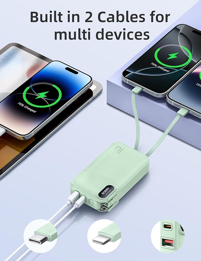 RORRY Portable Charger Built in Cables, AC Wall Plug In Portable Charger Power Bank 10000mAh Travel Battery Pack 22.5W Fast Charging for iPhone 17/16/15 Samsung Galaxy S24/S23/S22 Pixel LG iPad, Green