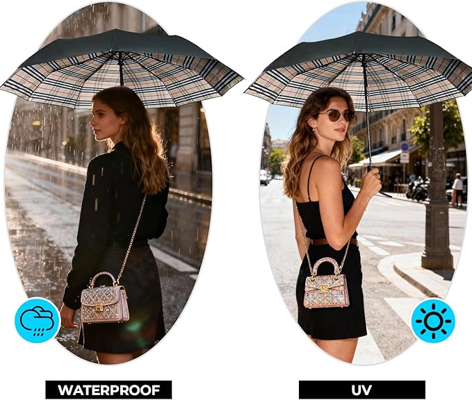 LLanxiry Compact Travel Umbrella, Automatic Open/Close Windproof Umbrella, 10 Fiberglass Ribs, 210T Pongee, UPF 50+ Sun/Rain, Lightweight Portable Umbrellas Travel Size with Carry Sleeve