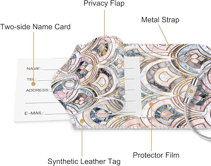 Fintie Luggage Tags, Privacy Cover ID Label with Stainless Steel Loop and Address Card for Travel Bag Suitcase - Marble Tiles (2 Piece)