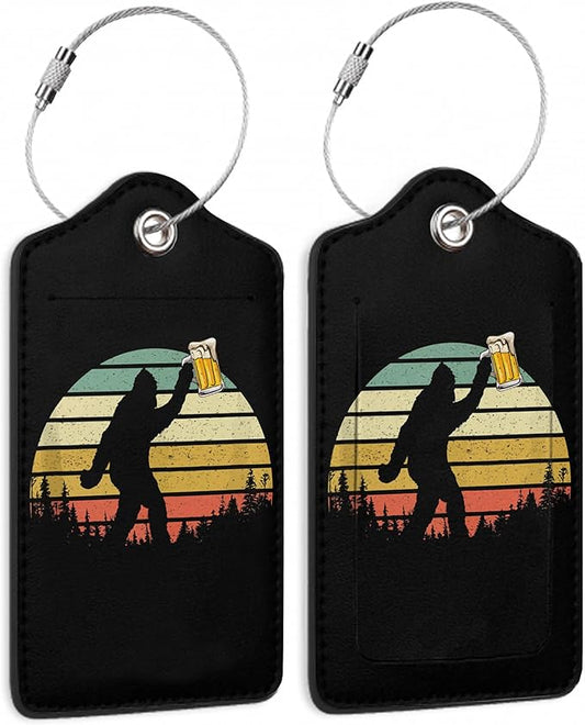 2 Pack Leather Luggage Tag for Suitcase Bigfoot Love Drinking Beer Unique Travel Tags with Privacy Cover ID Label & Stainless Steel Loop for Men and Women Baggage