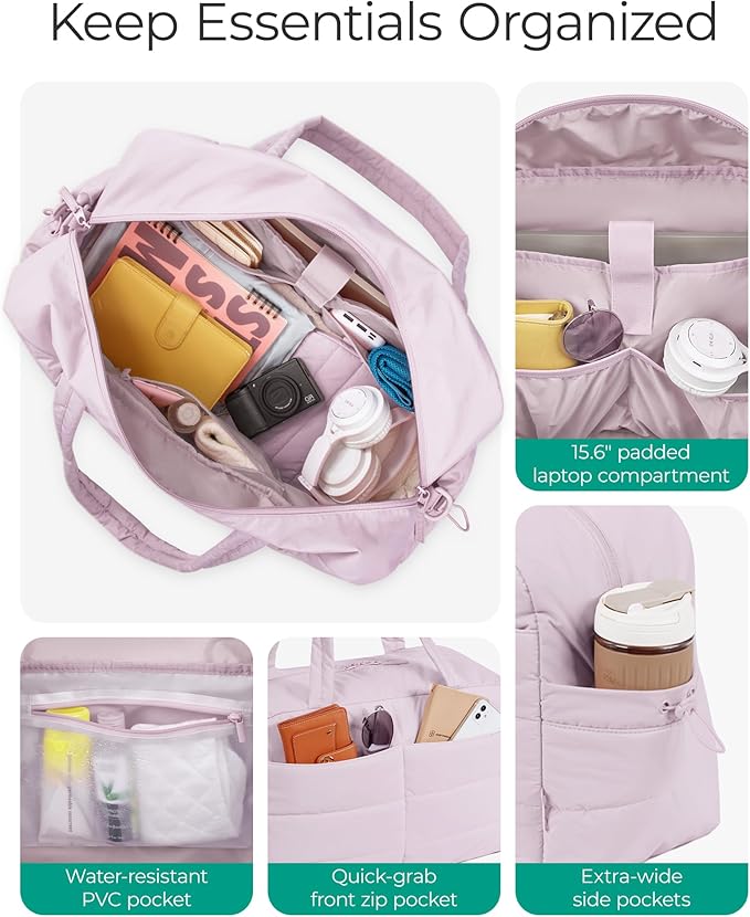 BAGSMART Gym Bag for Women, Lightweight Puffer Duffle Bag 2-PC Travel Bag, 31L Weekender Overnight Bag Quilted Carry On Tote Bag, Diaper Hospital Dance bag for Travel, Gym, Water Resistant
