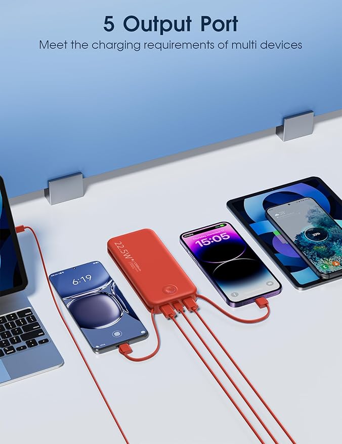 Portable Charger, 12000mAh 22.5W Fast Charging Power Bank with Built-in Cables & Wall Plug, Travel Essentials External Battery Pack, USB C Battery Phone Charger for iPhone, iPad, Samsung Red